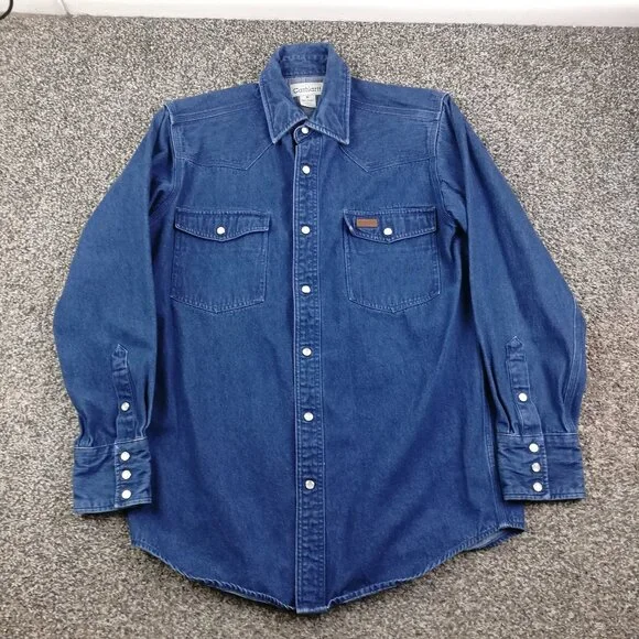 Vintage Carhartt Denim Pearl Snap Shirt Mens Medium Blue Heavy Western Work S141 - Picture 1 of 10